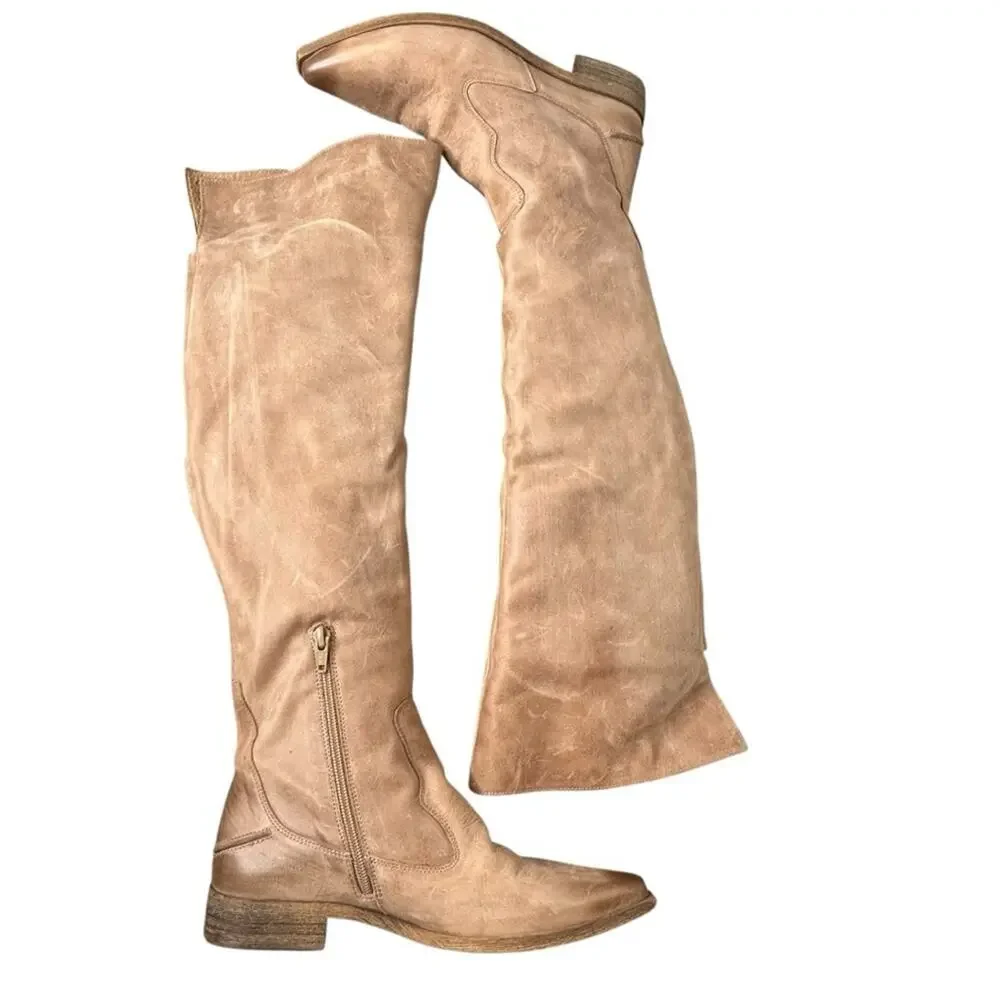 Free People Brenna Over The Knee Natural Leather Tall Boots Sz 38/8